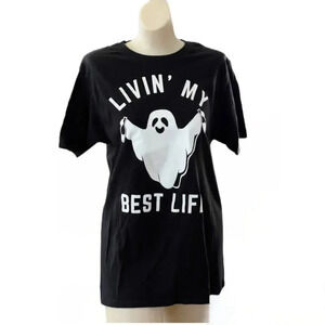 Fifth Sun, Ghost Graphic LIVIN' MY BEST LIFE Black Short Sleeve T-Shirt Size S/M